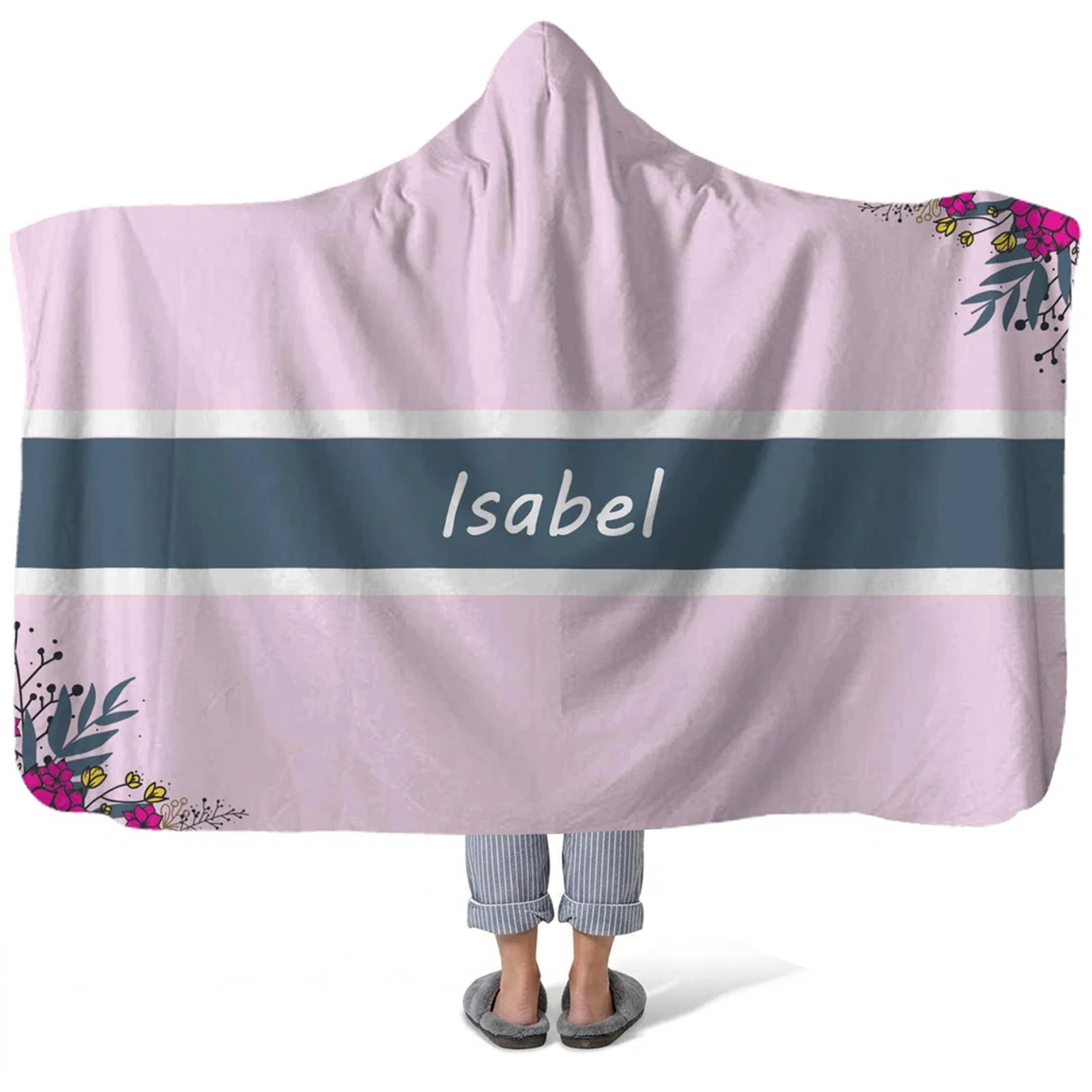 pink peddling personalized hooded fleece blanket with custom name in sweet pink design
