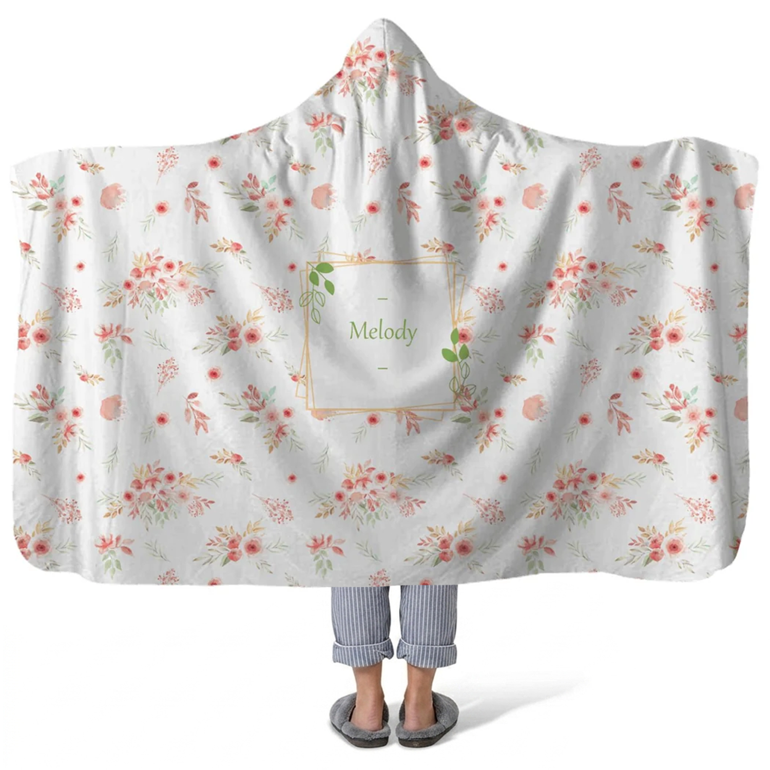 soft flowers personalized hooded fleece blanket with custom name in delicate floral design
