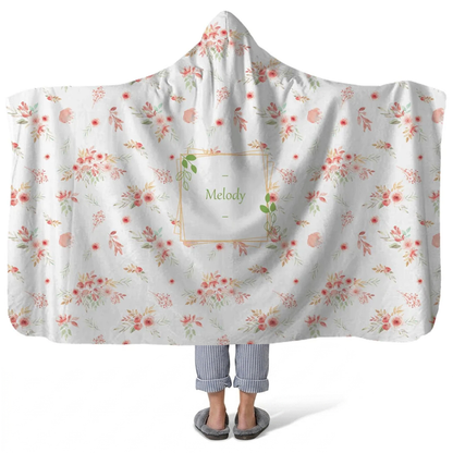 soft flowers personalized hooded fleece blanket with custom name in delicate floral design
