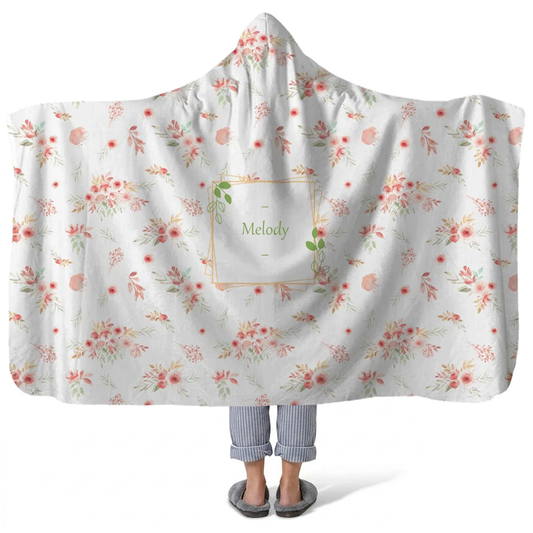 soft flowers personalized hooded fleece blanket with custom name in delicate floral design
