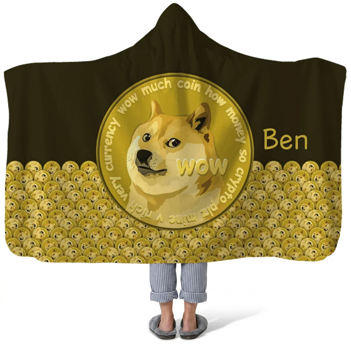 Dogecoin Shiba Inu personalized hooded fleece blanket with custom name for crypto fans
