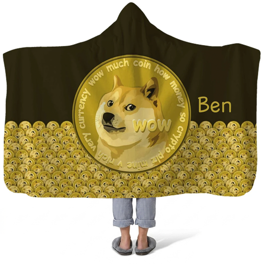 Dogecoin Shiba Inu personalized hooded fleece blanket with custom name for crypto fans
