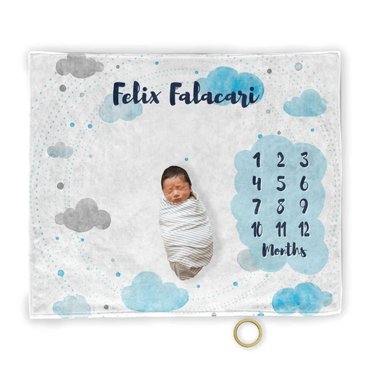 Watercolor clouds milestone blanket personalized with custom name for baby shower gift
