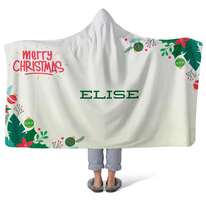 Merry Christmas personalized hooded fleece blanket with custom name for holiday season

