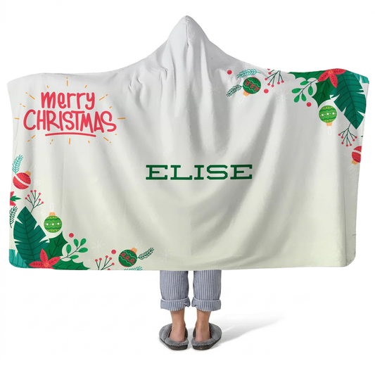 Merry Christmas personalized hooded fleece blanket with custom name for holiday season
