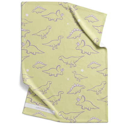 Lemon lavender dinosaur baby blanket personalized with custom name in pastel fleece
