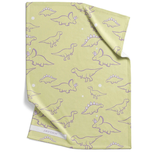 Lemon lavender dinosaur baby blanket personalized with custom name in pastel fleece
