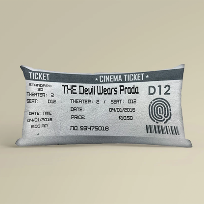 Custom film title on movie ticket cotton lumbar pillow as cinema birthday keepsake
