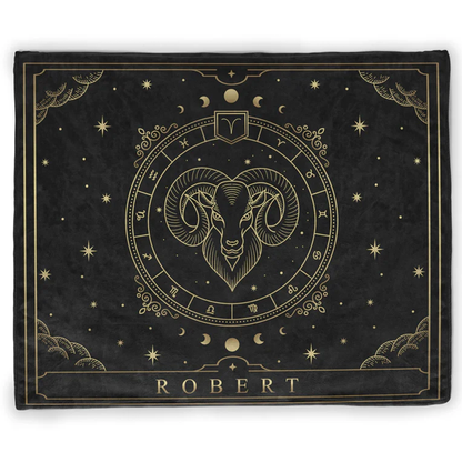 Personalized zodiac throw blanket with custom name and star sign in soft fleece
