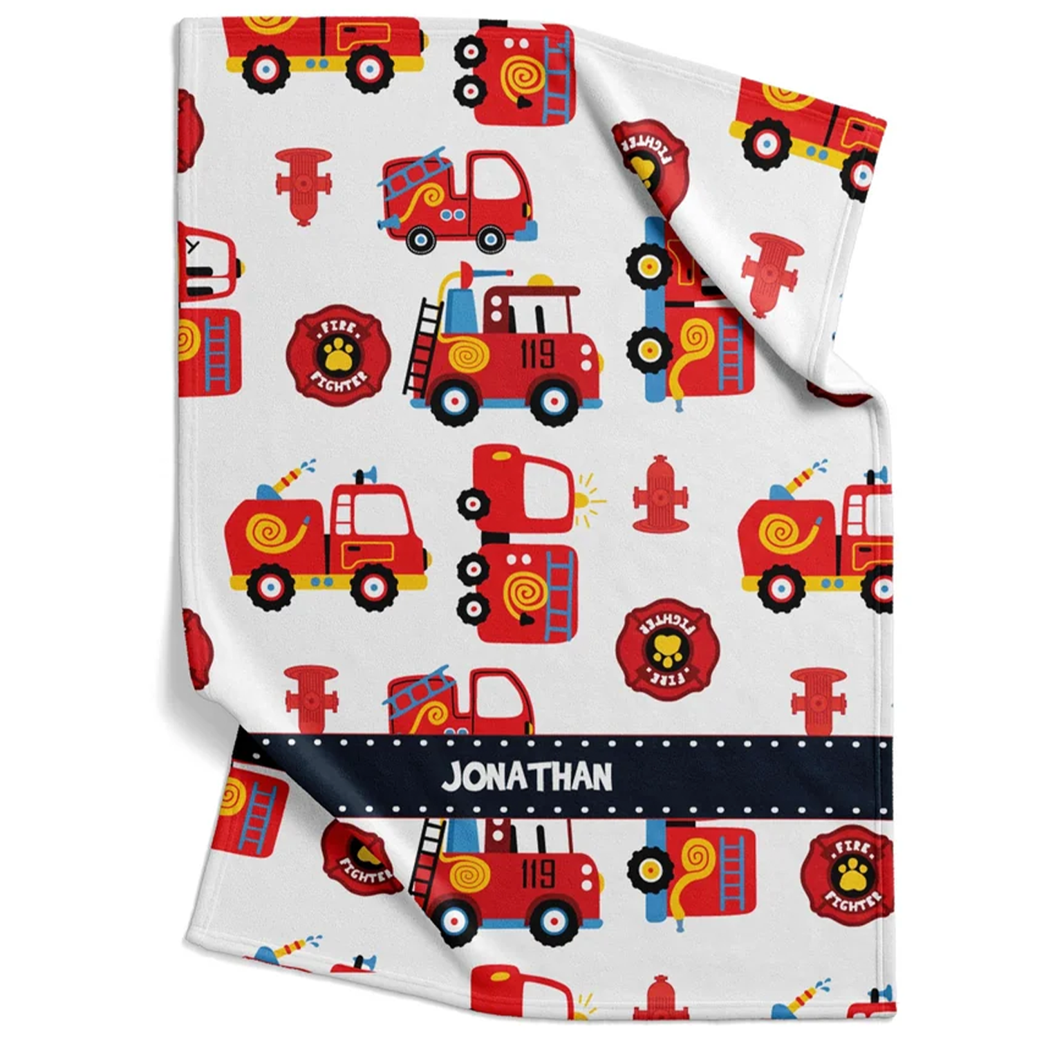 Fire truck baby blanket personalized with custom name in bold red fleece for baby boys
