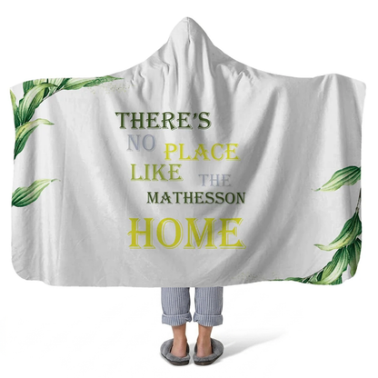 no place like home personalized hooded fleece blanket with custom name in warm family home design
