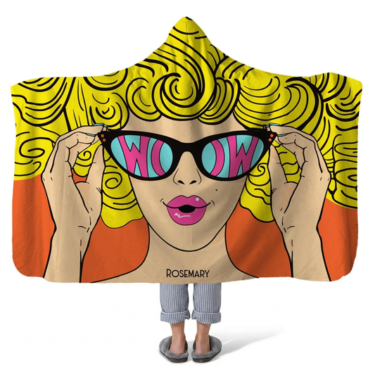 artsy comic book girl personalized hooded fleece blanket with custom name in bold comic art design
