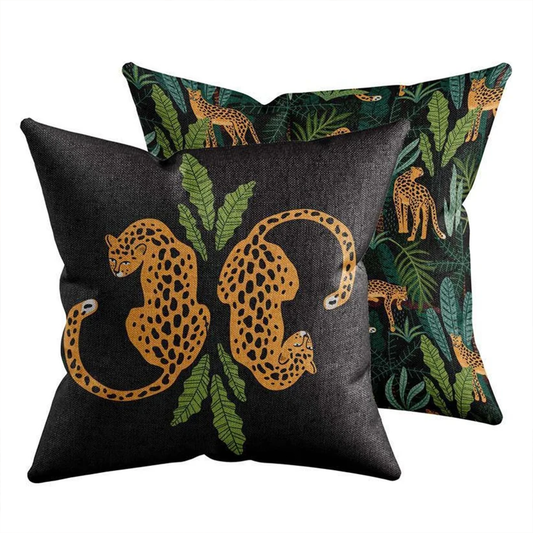 Black jungle cheetah throw pillow in striking bold design for animal print home decor
