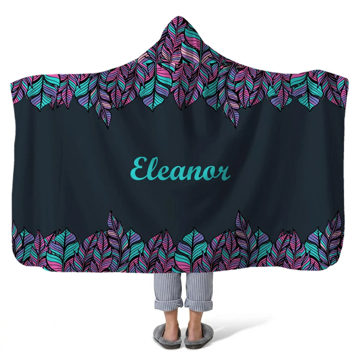boho feathers personalized hooded fleece blanket with custom name in beautiful spiritual boho design
