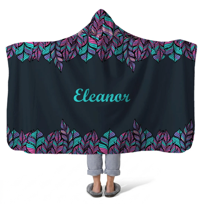 boho feathers personalized hooded fleece blanket with custom name in beautiful spiritual boho design
