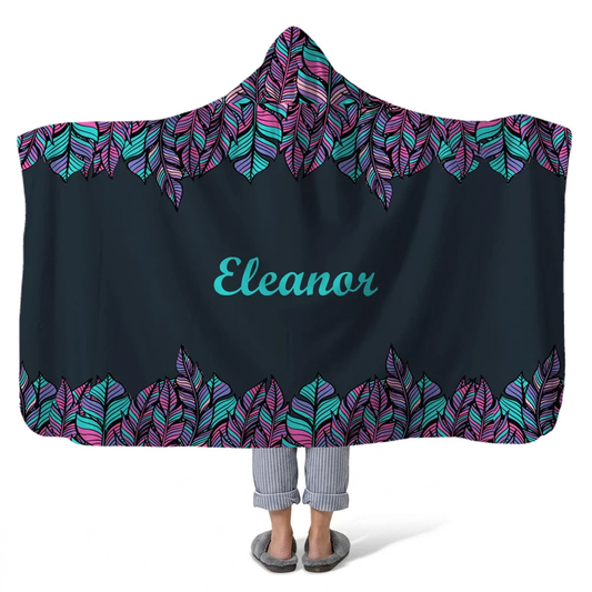 boho feathers personalized hooded fleece blanket with custom name in beautiful spiritual boho design
