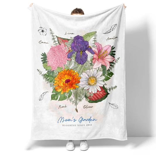 Family birth flower personalized throw blanket with each member birth flower and name
