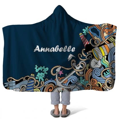 nautical blast personalized hooded fleece blanket with custom name in bold coastal nautical design
