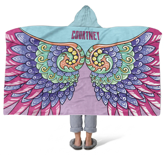 Whimsical wings personalized hooded fleece blanket with custom name in magical design
