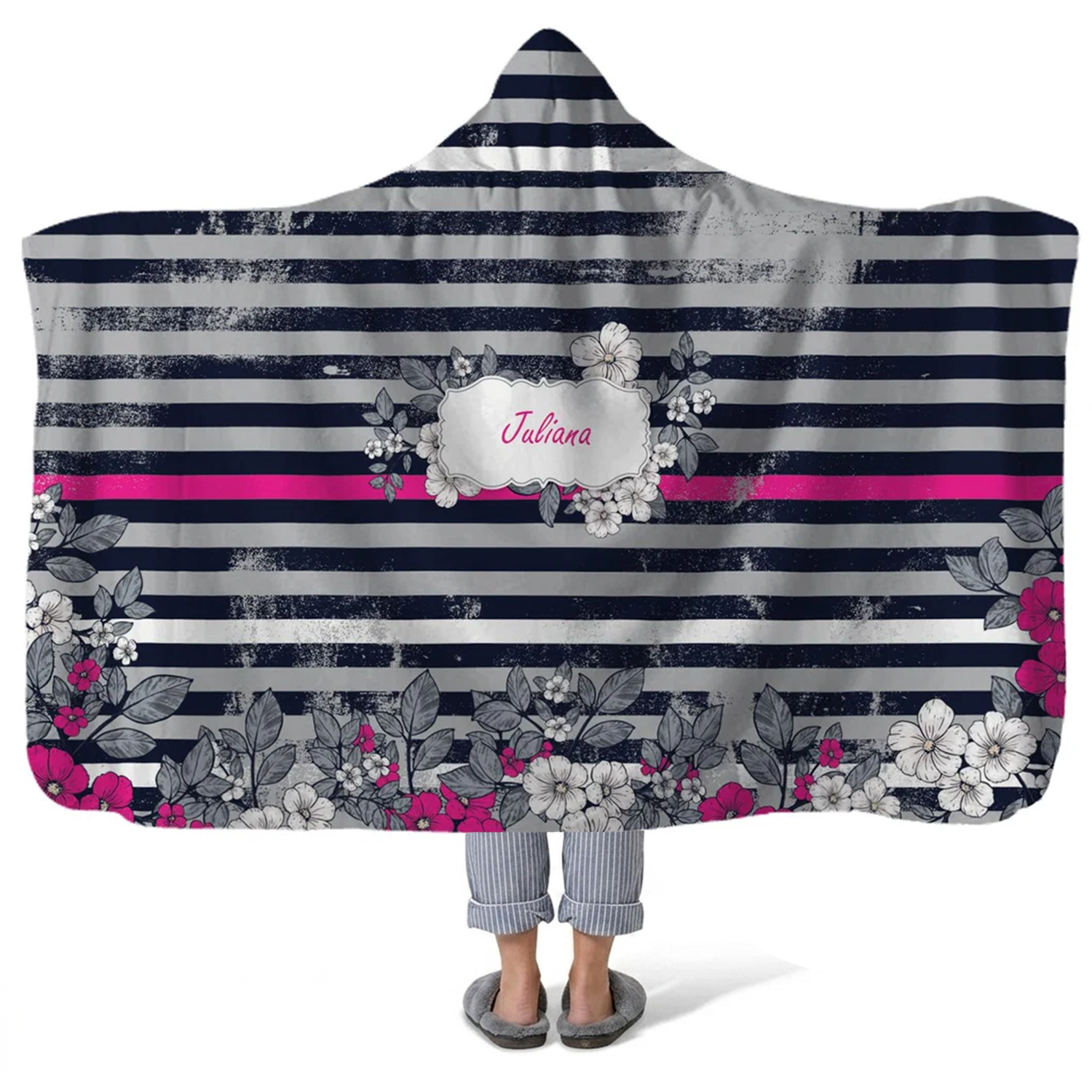 rustic diva personalized hooded fleece blanket with custom name in bold floral design
