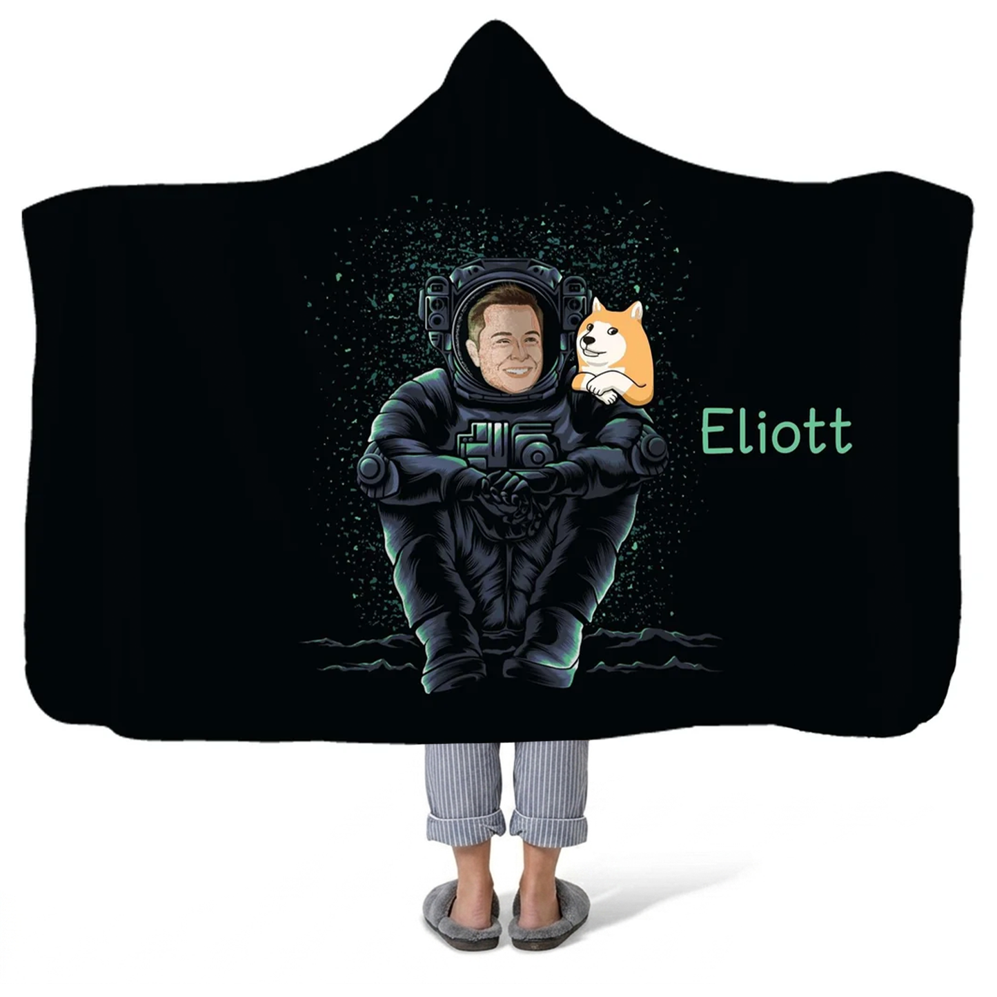 Dogecoin Elon astronaut personalized hooded blanket with custom name for crypto fans
