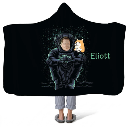 Dogecoin Elon astronaut personalized hooded blanket with custom name for crypto fans
