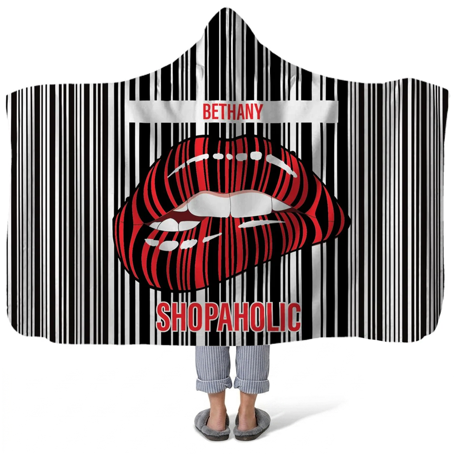 shopaholic personalized hooded fleece blanket with custom name in fun design
