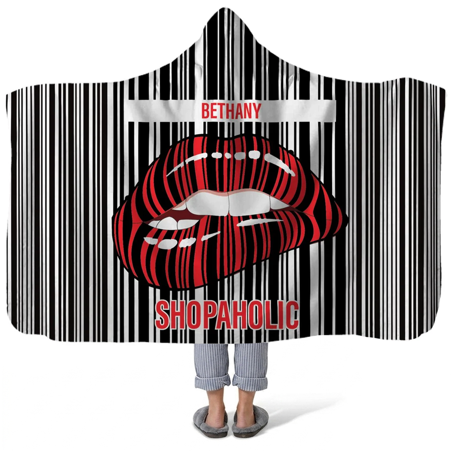 shopaholic personalized hooded fleece blanket with custom name in fun design
