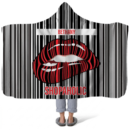 shopaholic personalized hooded fleece blanket with custom name in fun design
