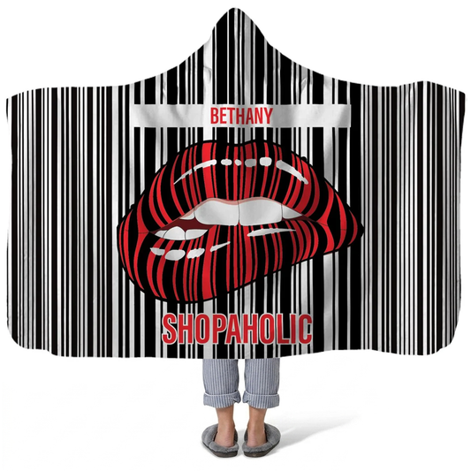 shopaholic personalized hooded fleece blanket with custom name in fun design
