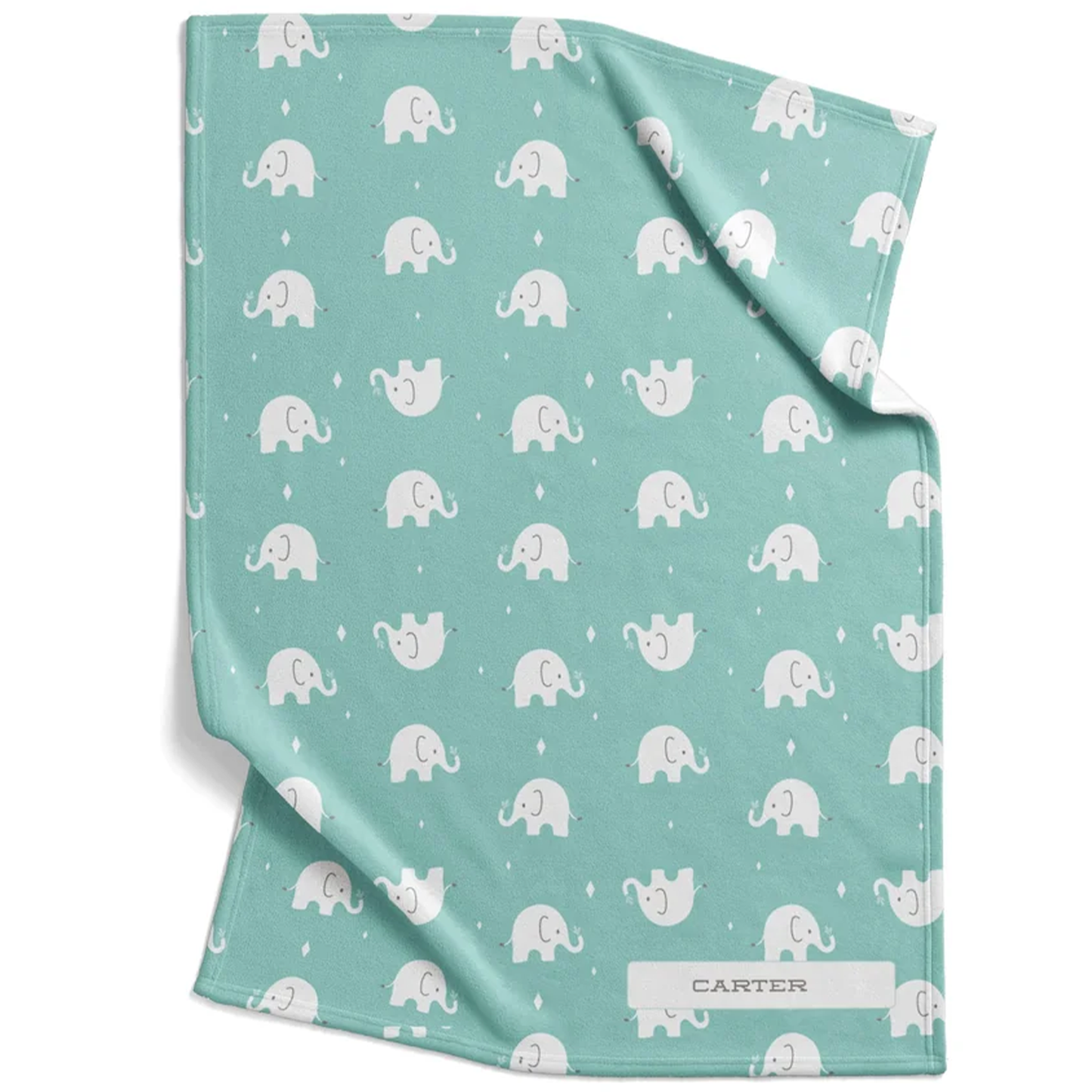 Elephant baby blanket personalized with custom name in seafoam green soft fleece design

