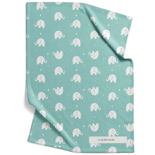 Elephant baby blanket personalized with custom name in seafoam green soft fleece design
