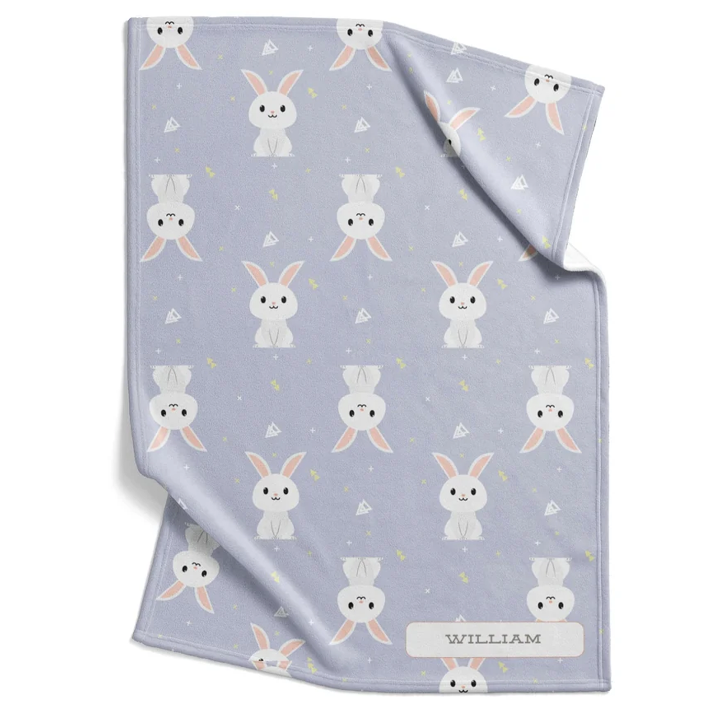 White rabbit baby blanket personalized with custom name in periwinkle soft fleece
