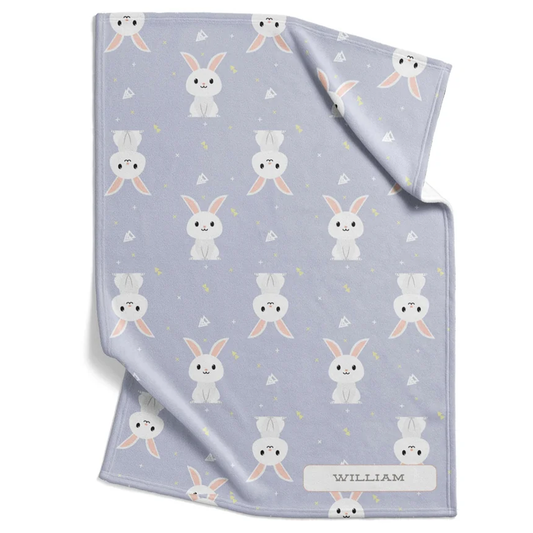 White rabbit baby blanket personalized with custom name in periwinkle soft fleece
