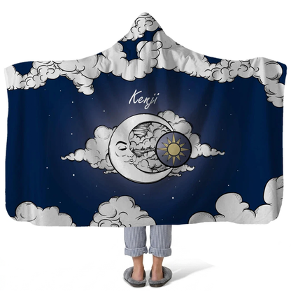 night sky personalized hooded fleece blanket with custom name in dreamy starlit design
