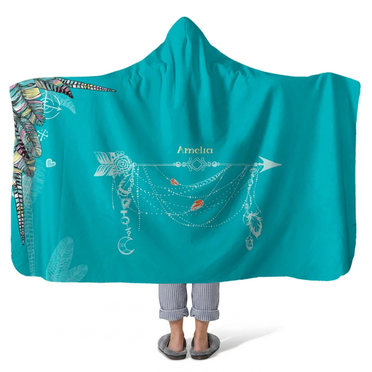 drifter personalized hooded fleece blanket with custom name in free spirited boho design
