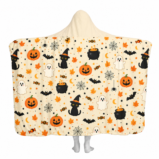 Halloween Hooded Blanket | Cute Ghost, Pumpkin & Black Cat Spooky Fall Blanket