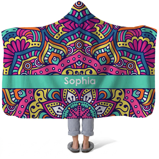 satin personalized hooded fleece blanket with custom name in elegant boho design
