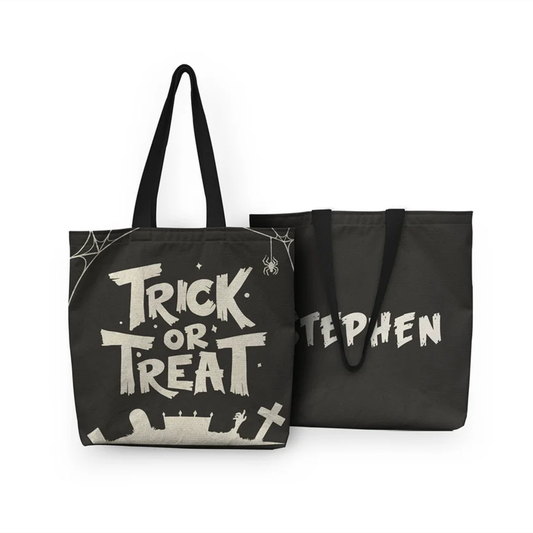 Trick or treat Halloween tote bag with custom name in vibrant design
