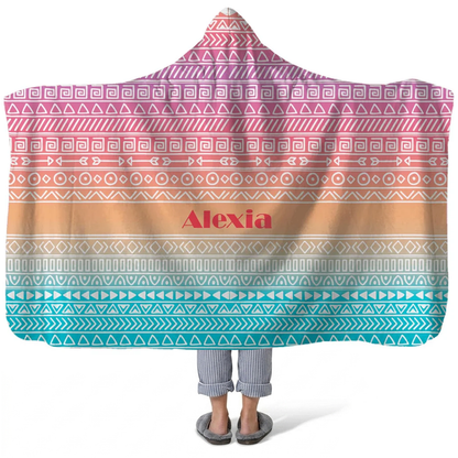 Aztec ombre personalized hooded fleece blanket with custom name in gradient boho design
