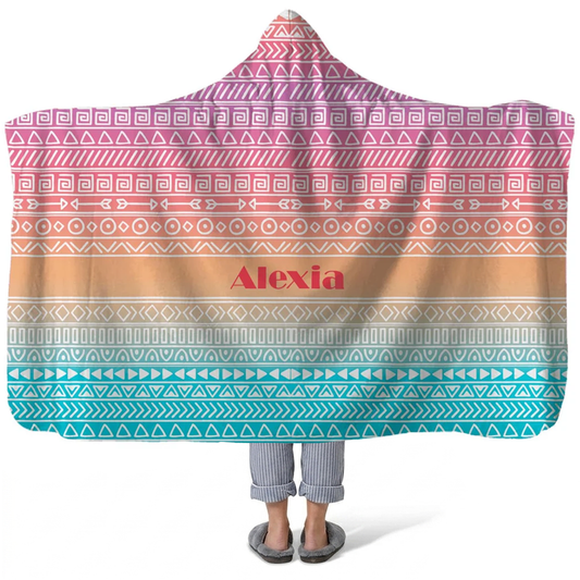 Aztec ombre personalized hooded fleece blanket with custom name in gradient boho design

