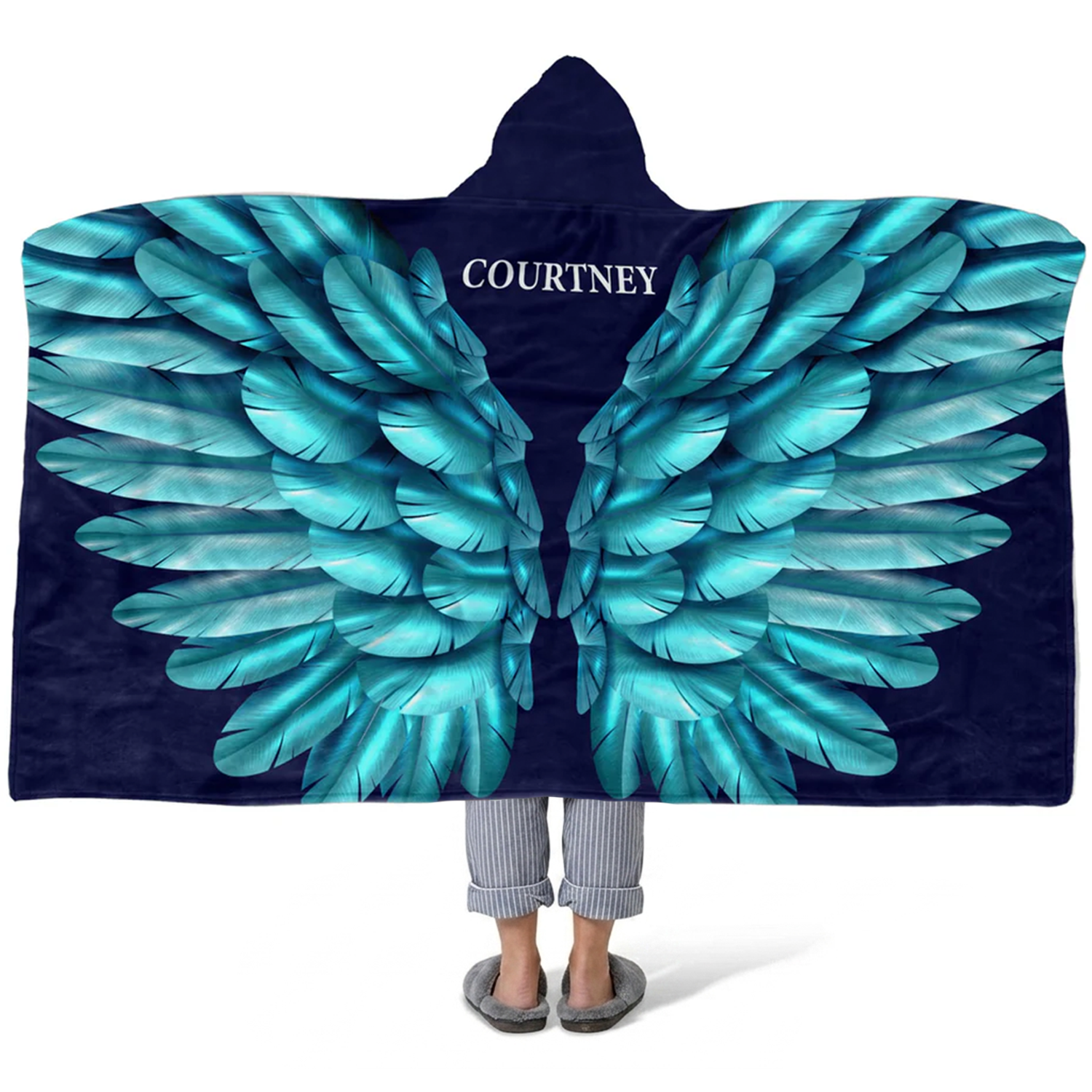 Turquoise angel wings personalized hooded blanket with custom name for spiritual lovers
