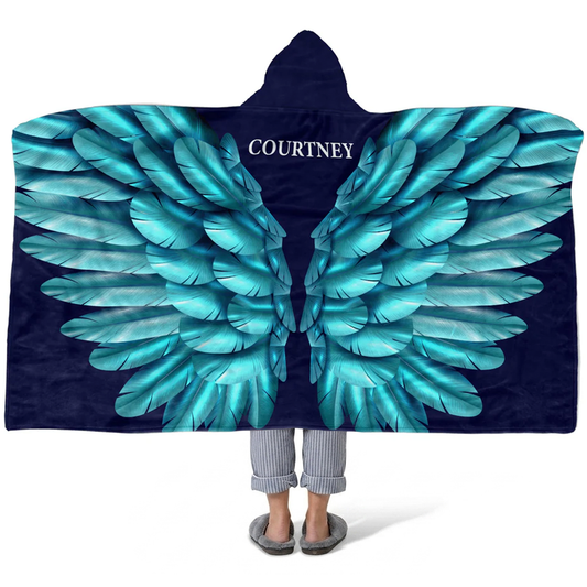 Turquoise angel wings personalized hooded blanket with custom name for spiritual lovers
