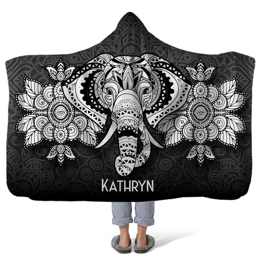 lucky charm personalized hooded fleece blanket with custom name in vibrant boho design

