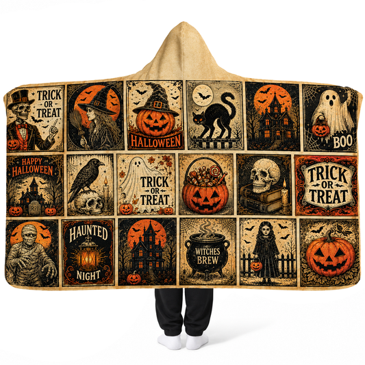 Vintage Halloween Woven Hooded Blanket | Trick or Treat Patchwork Design