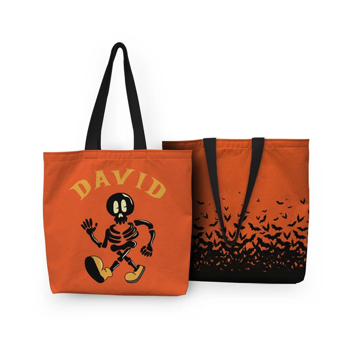 Halloween skeleton personalized tote bag with custom name in bold retro spooky design
