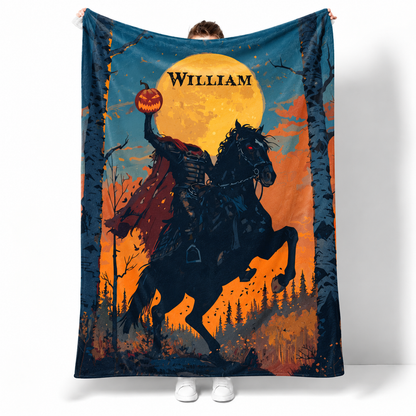 Personalized headless horseman Halloween throw blanket with custom name in gothic fleece
