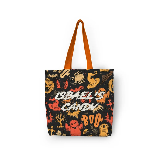 Ghouls and ghosts Halloween tote bag with custom name in vibrant spooky design
