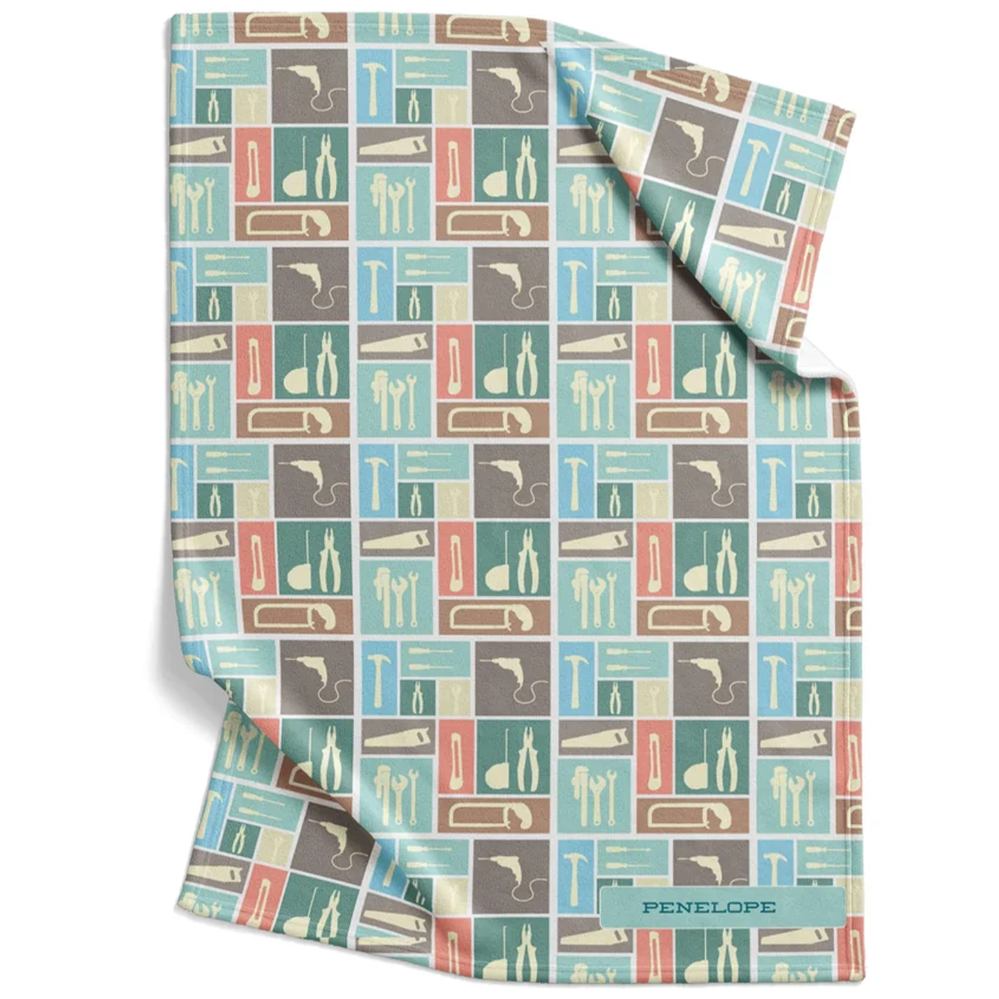 Modern tool print baby blanket personalized with custom name in fun fleece for boys
