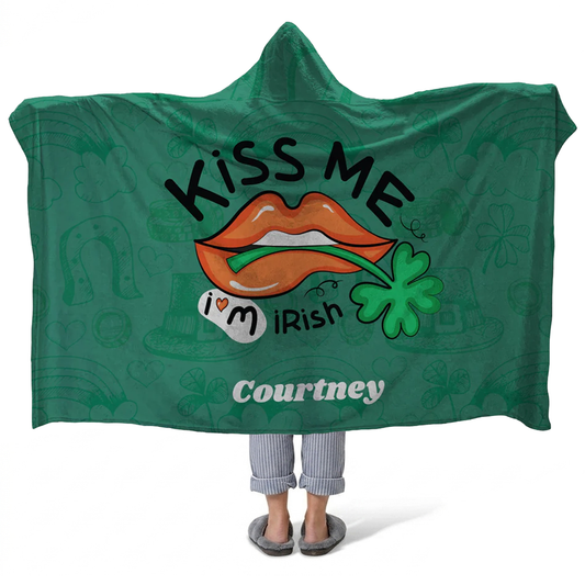 Kiss me I am Irish personalized hooded fleece blanket with custom name for St Patricks
